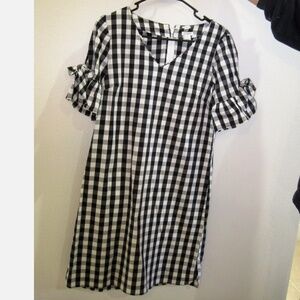 J Crew Black &White Gingham Checked V Neck Bow Sleeves Shift Dress  XS